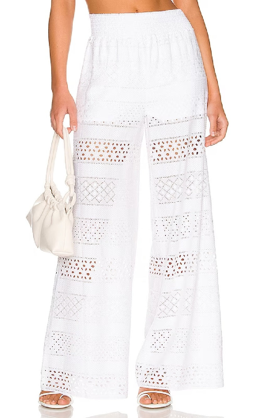 Alice + Olivia Ladies Russell Smocked Waist Pointelle Wide Legged Trousers In White