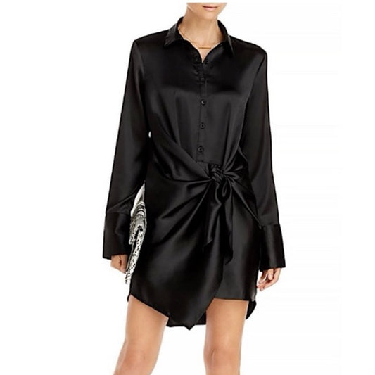 AQUA Women's Black Long Sleeve Tie Waist Dress, Button Up