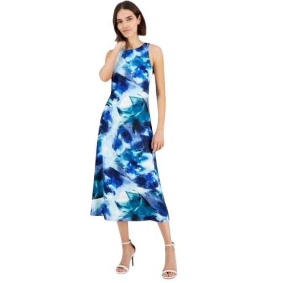 Anne Klein Women's Sleeveless Printed Midi Dress in Blue & White Multi