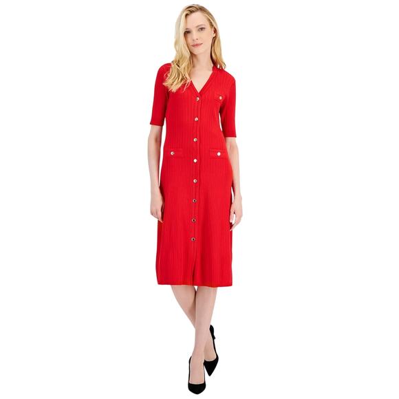 Anne Klein Women's Ribbed Button-Front A-Line Dress in Poppy Red