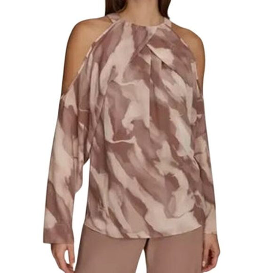 Donna Karan New York Women's Long Sleeve Printed Cold-Shoulder Top in Mink Pink