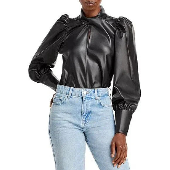 AQUA Women's Faux Leather Puff Sleeve Blouse