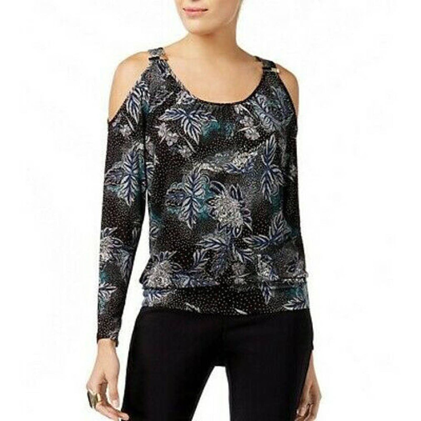 THALIA SODI LADIES EMBELLISHED COLD SHOULDER BLOUSE BLACK FLORAL