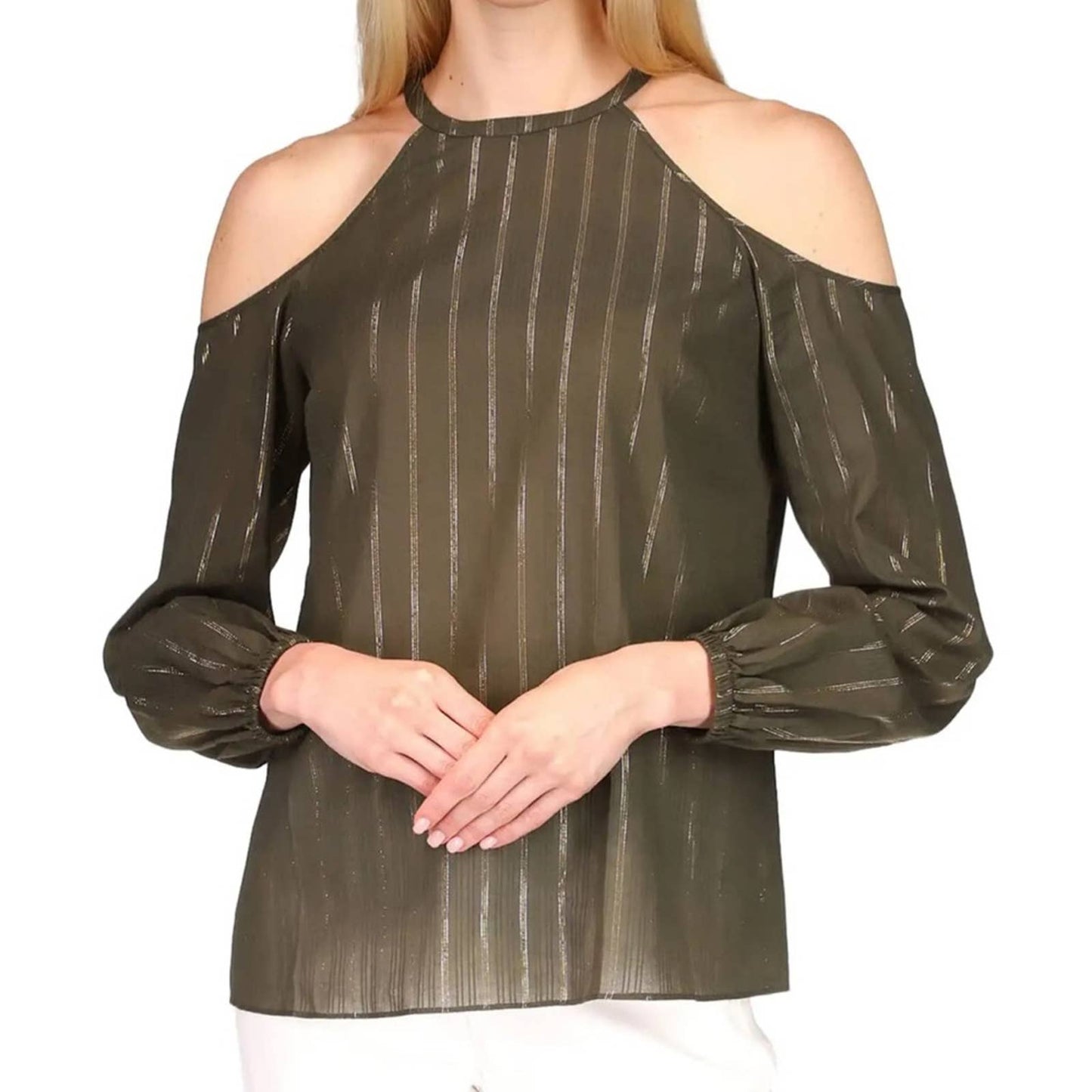 Michael Kors Ivy Green Cold Shoulder Blouse w/ Gold & Silver Glitter Accents NWT