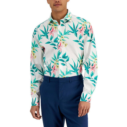 BAR III Men's White & Green Tropical Print Button Down Shirt