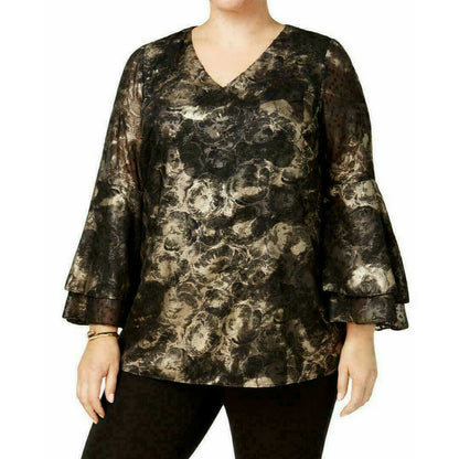 ALFANI, Deep Black Rose Shimmer Flouncy Blouse