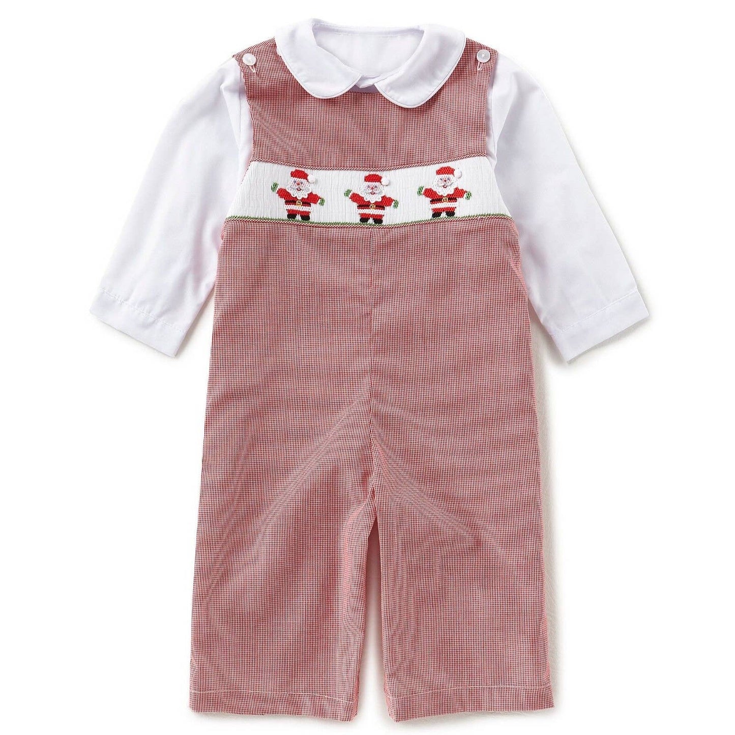 EDGEHILL COLLECTION Infant CHRISTMAS Red Gingham Overall Smocked w/ Santa