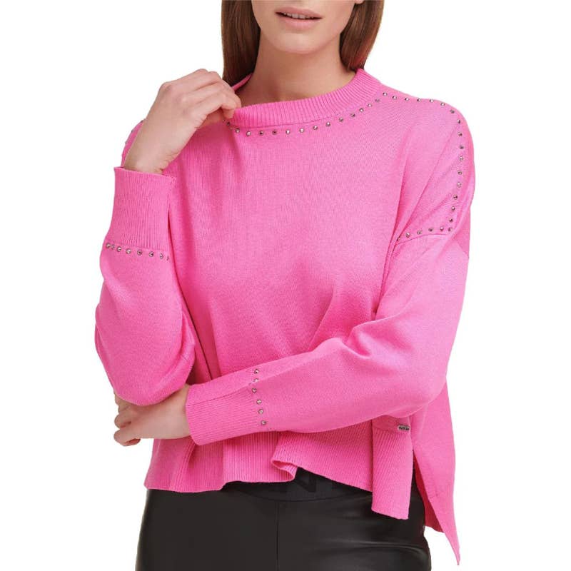 DKNY Ladies Hot Pink Crewneck Sweaters w/ Gunmetal Stud Trim, Size Small, NWT!