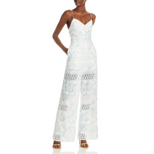 Alice + Olivia Ladies White Eyelet "Shanti" Jumpsuit w/ Blue Nature Print, 4 NWT