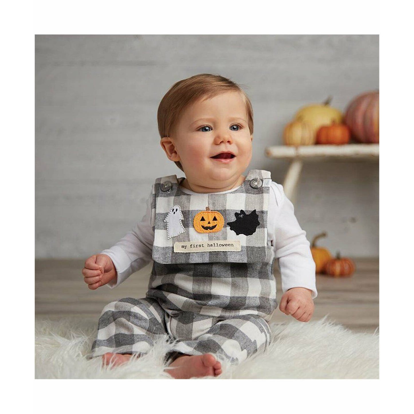 MUDPIE BABY PLAID OVERALL REVERSIBLE BIB SET MY FIRST THANKSGIVING/HALLOWEEN NWT