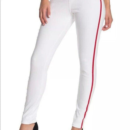 HUE Ladies Racer Stripe Original Denim Leggings in White & Red