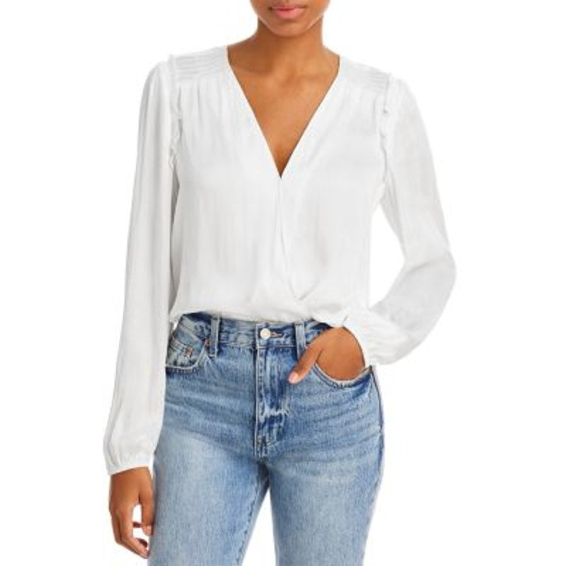 PAIGE Women's White "Whitney" Bodysuit, Long Sleeves, V-Neck