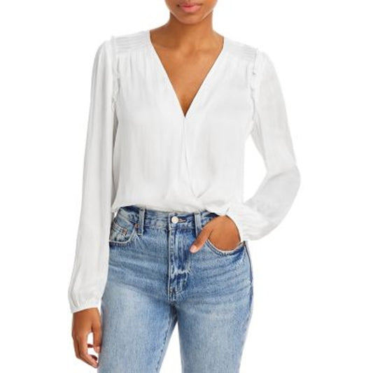 PAIGE Women's White "Whitney" Bodysuit, Long Sleeves, V-Neck