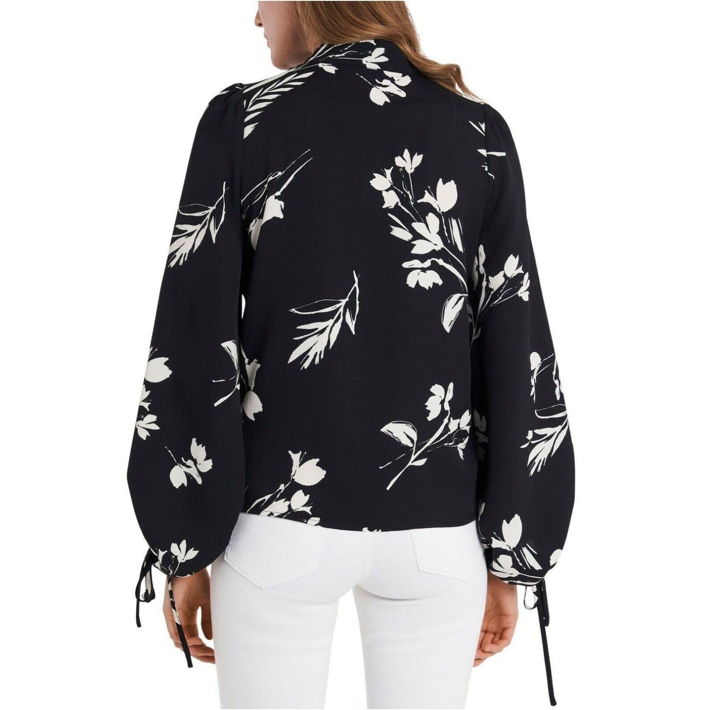 Vince Camuto Rich Black & White Floral Whispers Top w/ Tie Wrists, NWT!