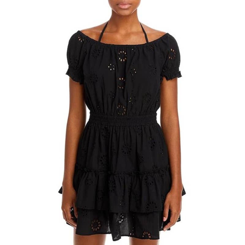 AQUA Ladies Black Smocked Floral Eyelet Mini Dress, Off-the-Shoulder, NWT!