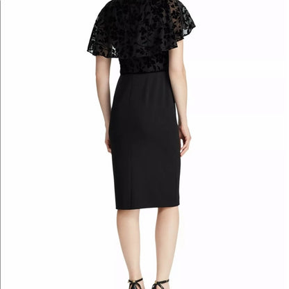 Ralph Lauren Black Sheath Dress, Ruffle Cap Sleeves, Velvet Embossed