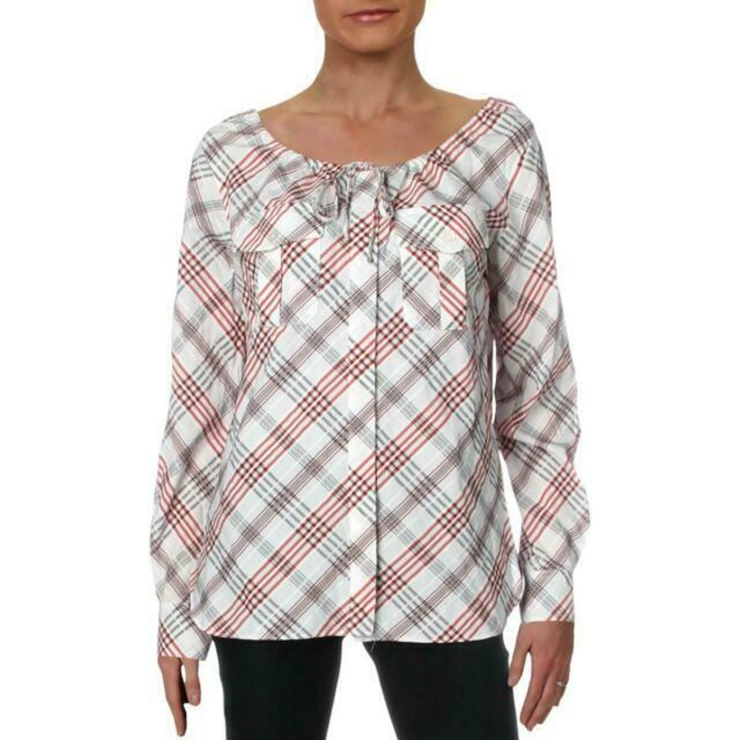 LAUREN RALPH LAUREN LADIES PLAID TIE NECK BLOUSE WHITE RED BLACK, XL, NWT