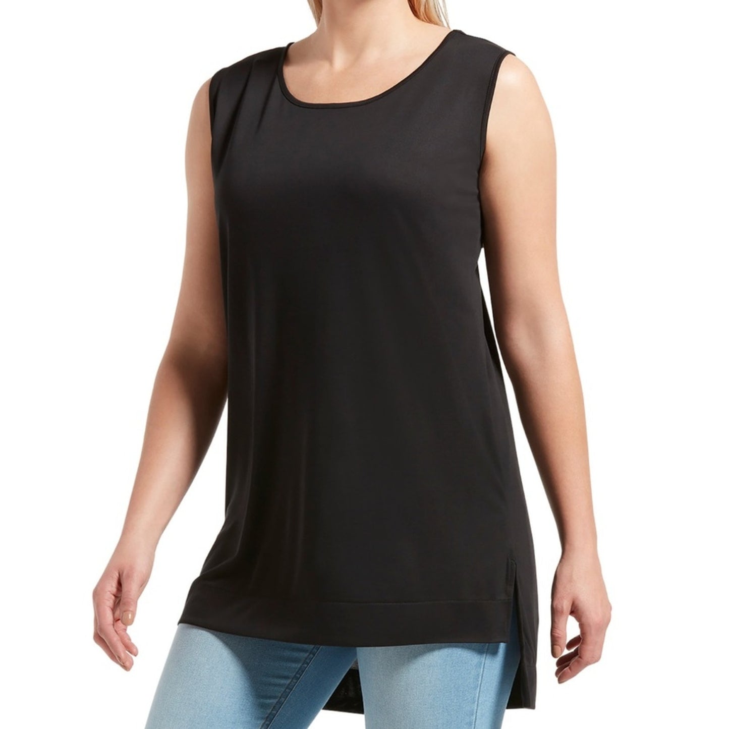 HUE Ladies Solid Black Tunic Tank Top w/ Asymmetrical Hem