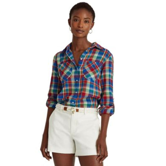 Lauren Ralph Lauren Women's Blue & Red Plaid Button Up Top, Size Petite Small