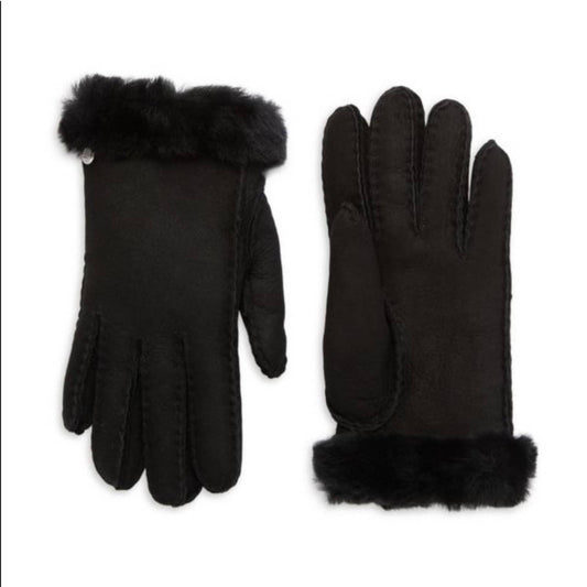 UGG Black Sheepskin Gloves w/ Fur Trim, Size Medium, NWT!