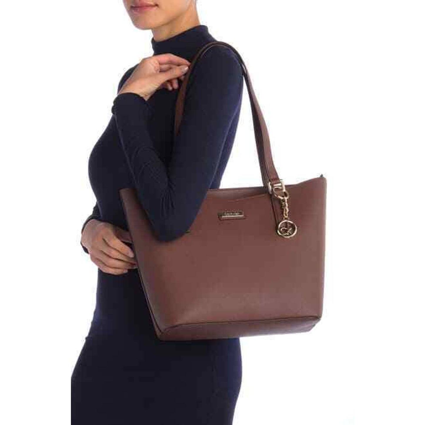 CALVIN KLEIN KEY SAFFIANO LEATHER TOTE DOUBLE STRAP, WALNUT GOLD NWT $198