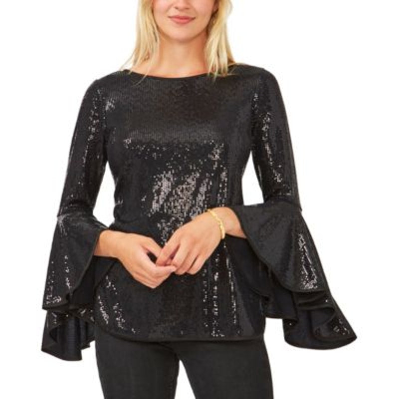 Vince Camuto Women's Black Metallic Sequin Flutter Sleeve Blouse, Size XS