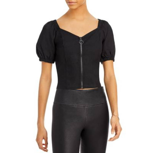 AQUA Ladies Black Zip Front Puff Sleeve Top