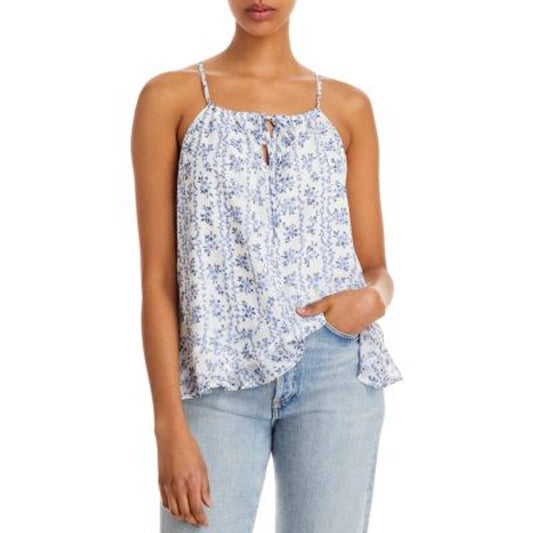 AQUA Ladies White & Blue Floral Print Slouch Top