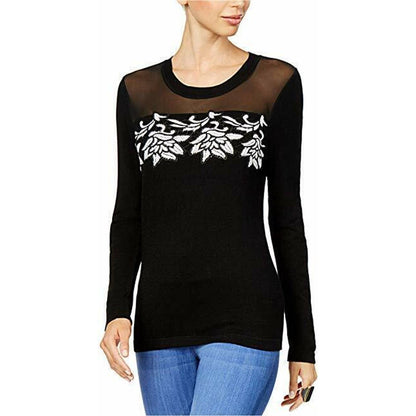 THALIA SODI LADIES FLORAL TONE ON TONE SALVADOR DETAIL BLOUSE, BLACK