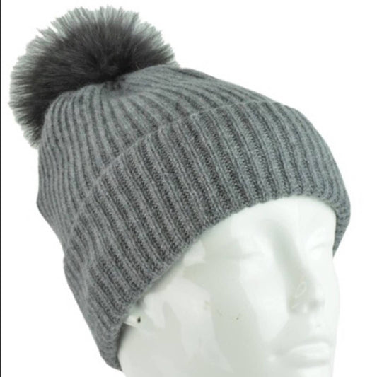 Raffaello Bettini Iron Gray Ribbed Cashmere Beanie w/ Pom-Pom, NWT!