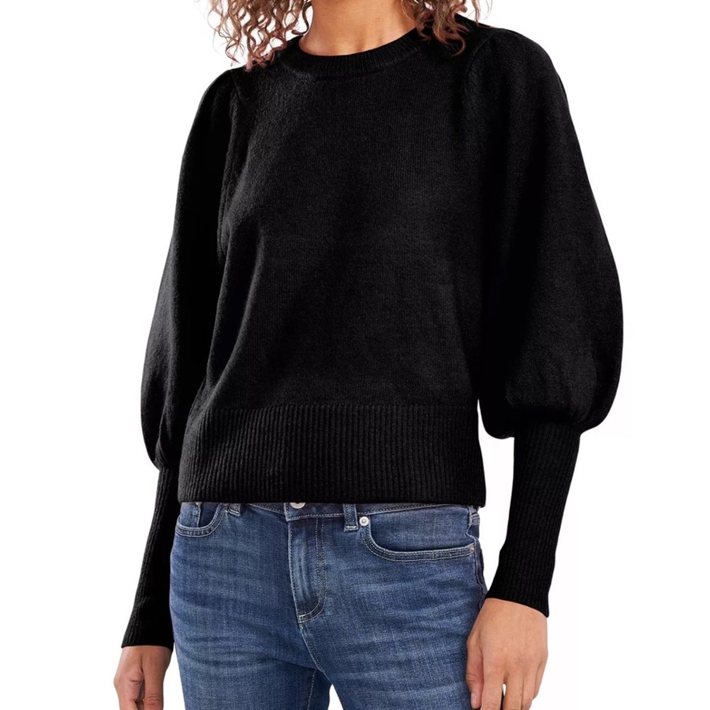 Vince Camuto Women's Rich Black Sweater w/ Puff Sleeves & Ribbed Cuffs & Hem