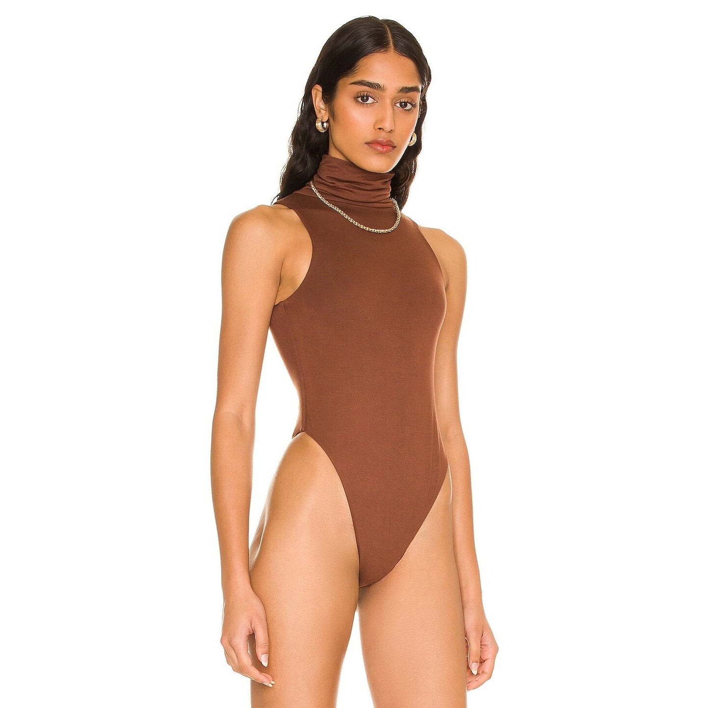 RE ONA Women's Sleeveless Turtleneck Bodysuit in Chocolate Brown
