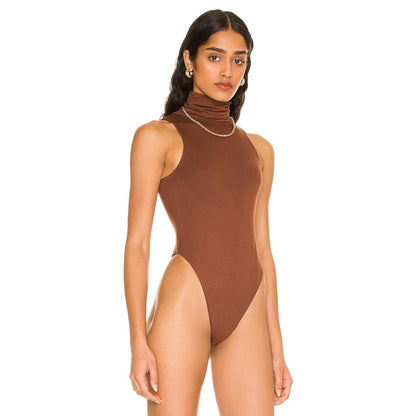 RE ONA Women's Sleeveless Turtleneck Bodysuit in Chocolate Brown