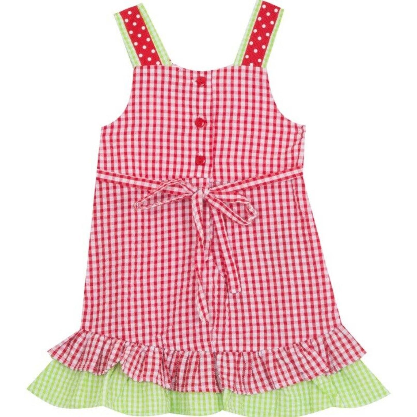 RARE EDITIONS INFANTS GIRL CHECKED STRAWBEERY APPLIQUE DRESS & BLOOMER SET, NWT