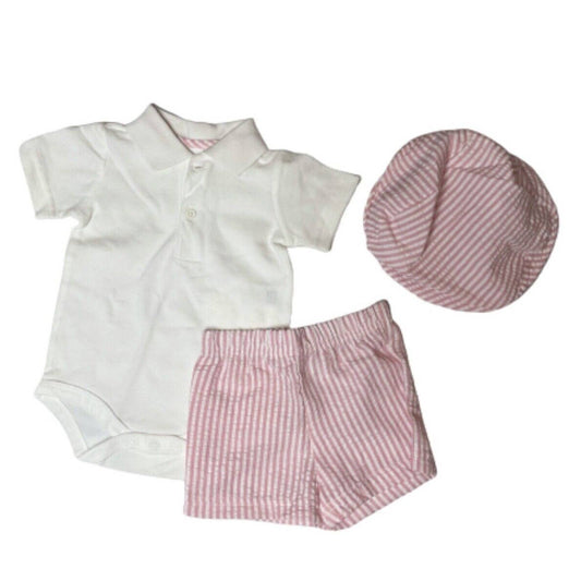 STARTING OUT, White Top w/ Pink Striped Shorts & Hat, 3 Piece Set, NWT, $26