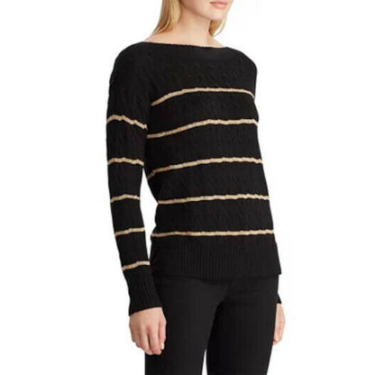 LAUREN RALPH LAUREN LADIES VEDORAH STRIPE SWEATER BOAT NECK BLACK/GOLD