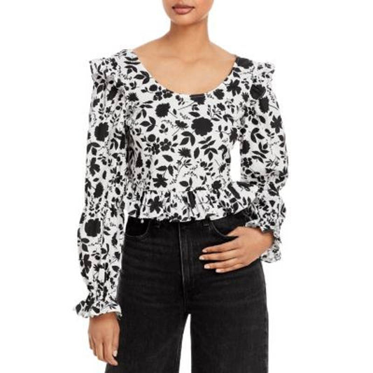 AQUA Ladies Black & White Floral Print Long Sleeve Crop Top, Lace Up Back