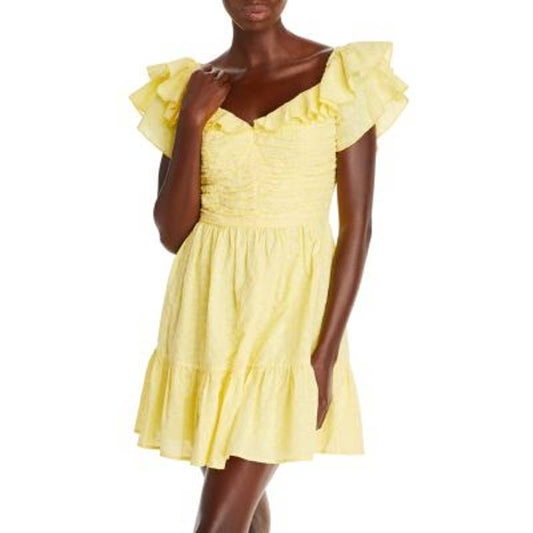 AQUA Ladies Yellow & White Floral Eyelet Print Off-the-Shoulder Dress, NWT!