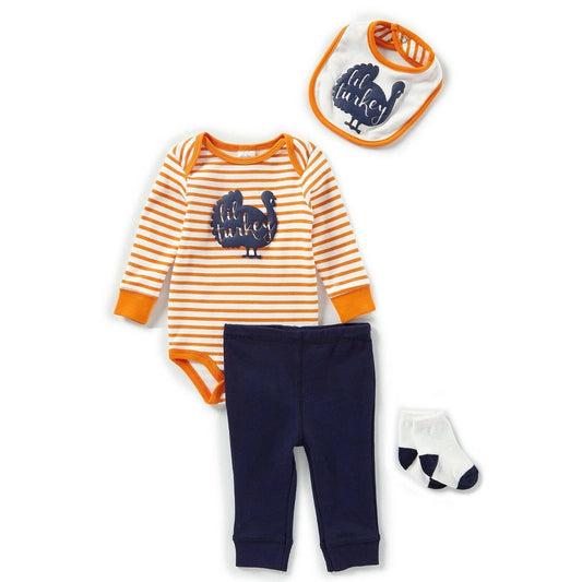 STARTING OUT Baby Bodysuit Pant Bib Sock Set Thanksgiving Turkey, 3M NWT