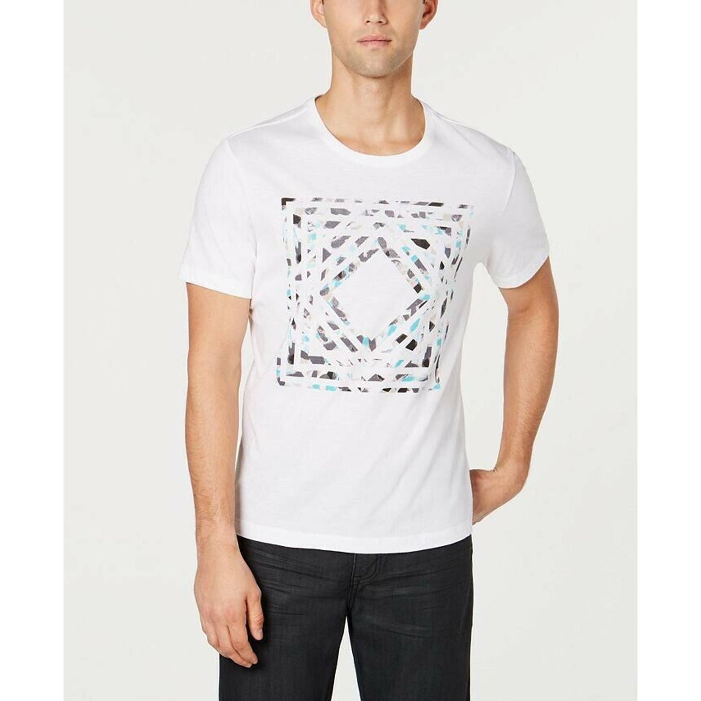 ALFANI, White Table Tee Shirt w/ Multi-Color Geometric Design