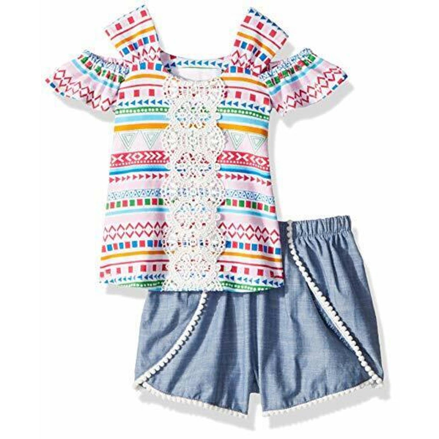 BONNIE JEAN Girls Ellie Cold Shoulder Aztec Top Chambray Short Set, 6X, NWT