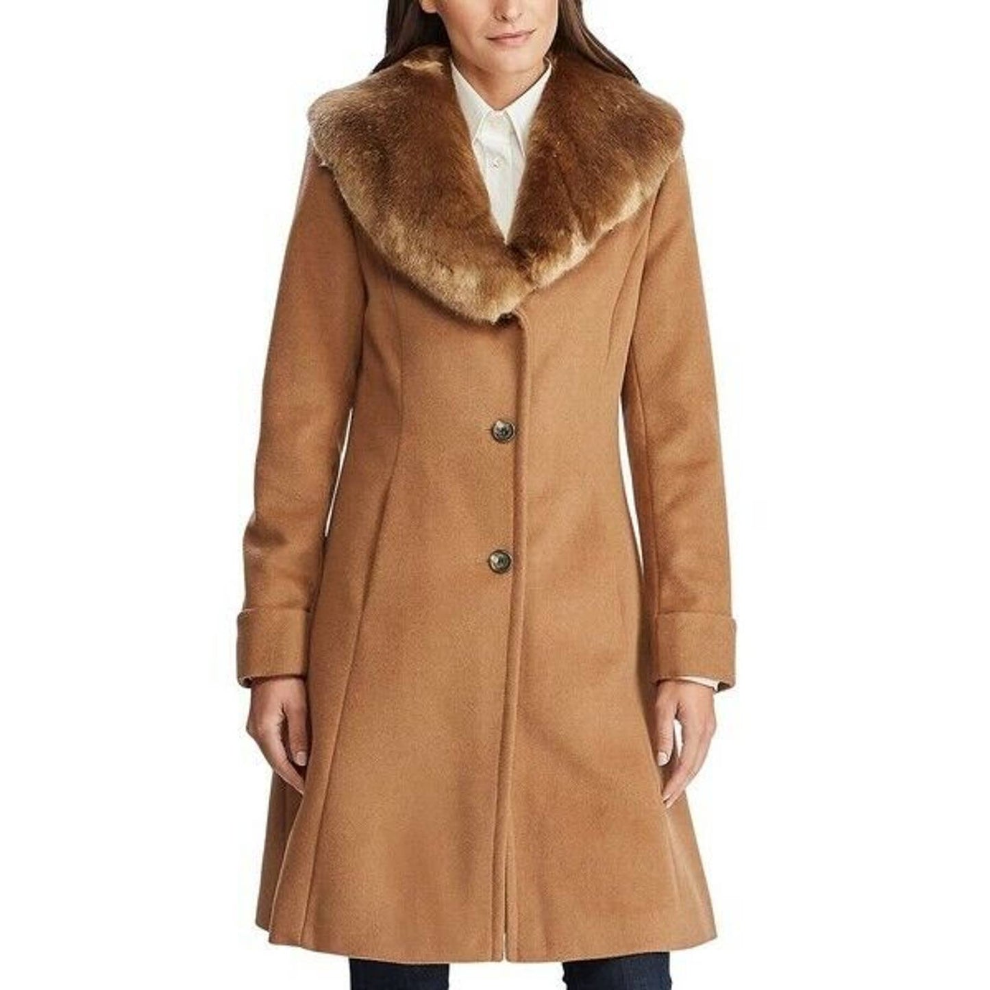 Lauren Ralph Lauren Ladies Faux-Fur-Collar Walker Coat Vicuna Brown 14, NWT