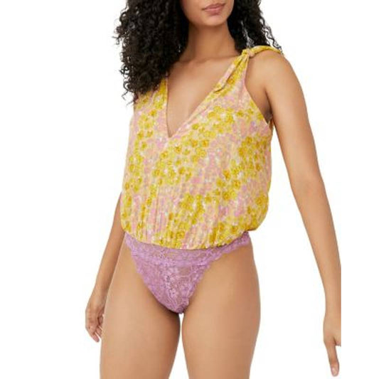 Free People Intimately Ladies Yellow & Pink Floral Print "Bare it All" Bodysuit