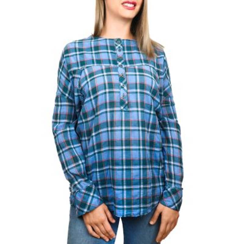 BeachLunchLounge Ladies Blue "Mia" Pucker Plaid Button Front Top, Size L, NWT!