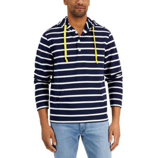 Club Room Men's Navy Blue & White Striped Regular Fit Hoodie, Yellow Accents