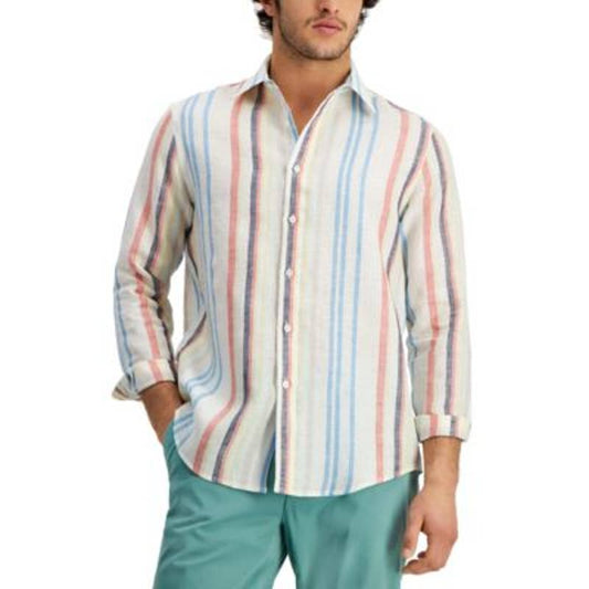 Club Room Men's Regular Fit Striped Linen Button Down Shirt, Size Medium, NWT!