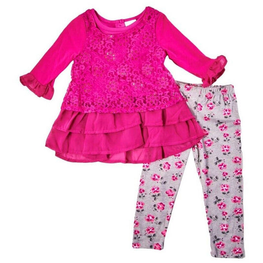 NANNETTE BABY GIRLS LACE TOP & FLORAL LEGGINGS SET, 4T, FUSCHIA, NWT