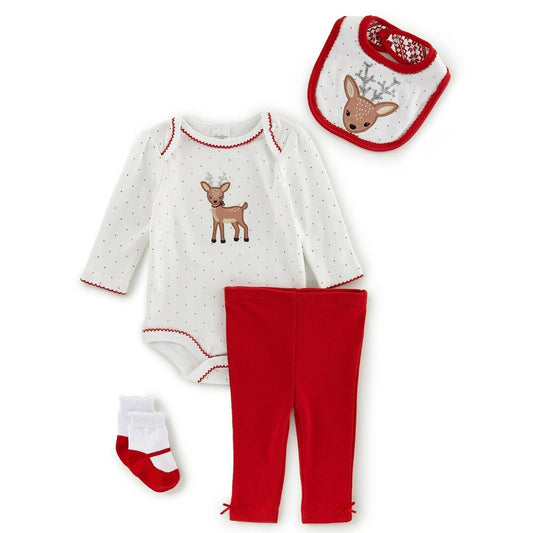 STARTING OUT Baby Girls Bodysuit Pant Bib Sock Set 4 Pc, Christmas Reindeer, NWT