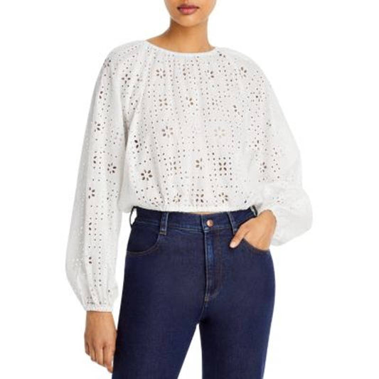 AQUA Ladies White Drawstring Eyelet Top, Long Sleeve