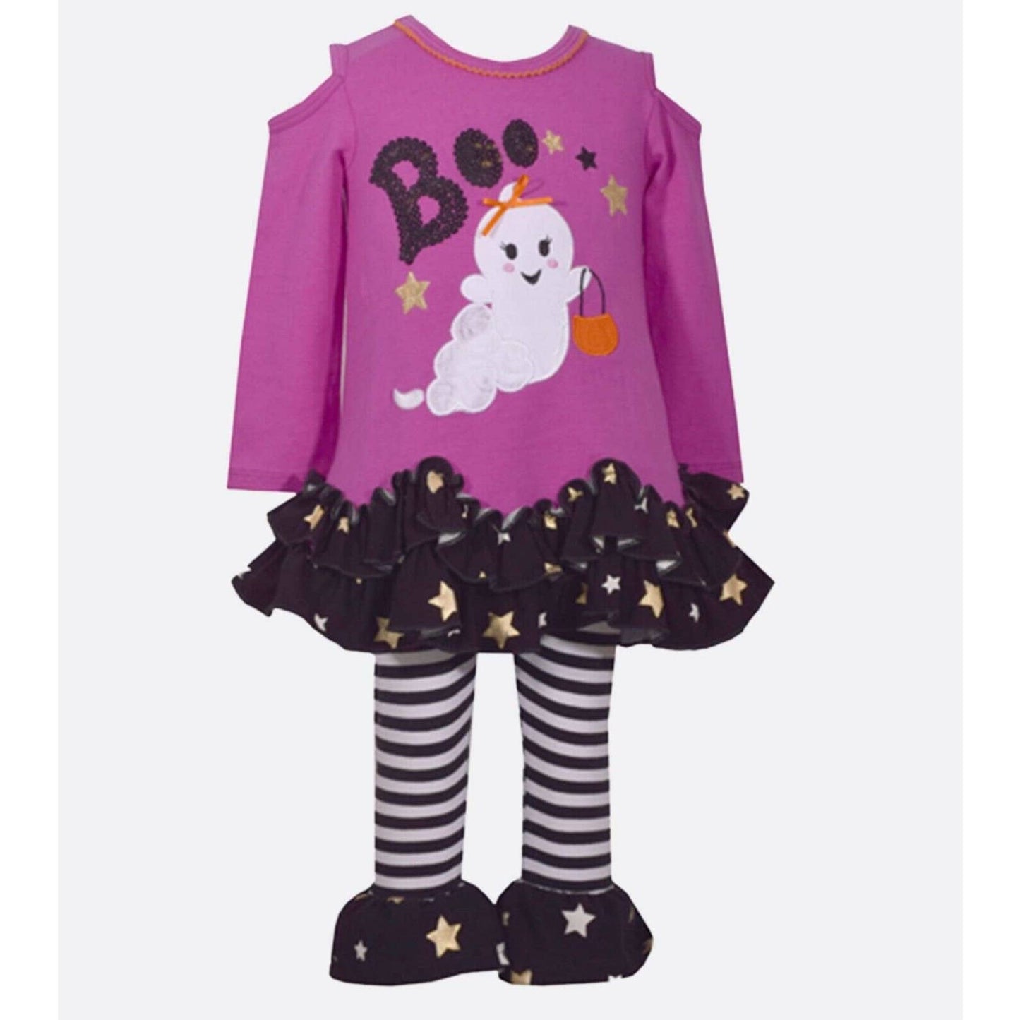 BONNIE JEAN Girls Halloween 2 Pc Set, Trimmed Tunic Ghost Boo, Striped Legging